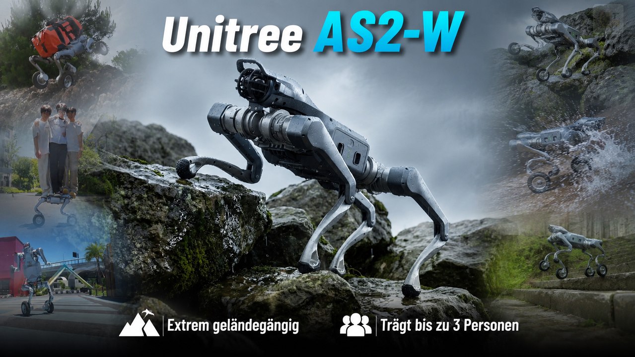 Unitree AS2-W läuft Treppen, Geröll und Wasser souverän