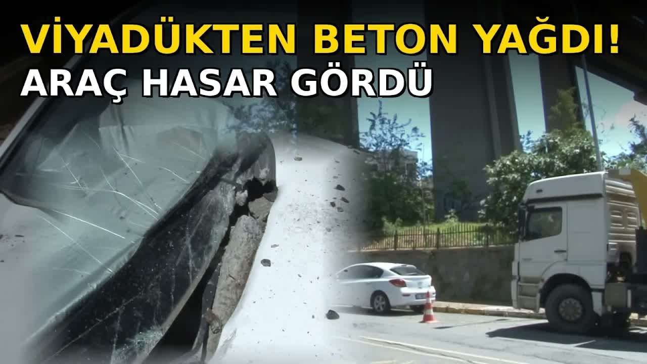 Viyadükten Kopan Beton Parçaları Aracın Üzerine Düştü!