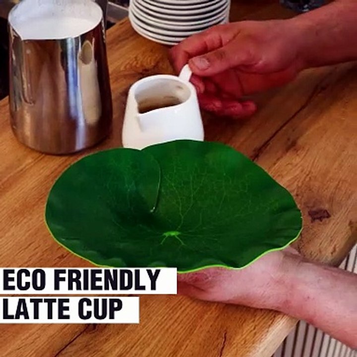 A unique latte served in an ecofriendly cup🍃