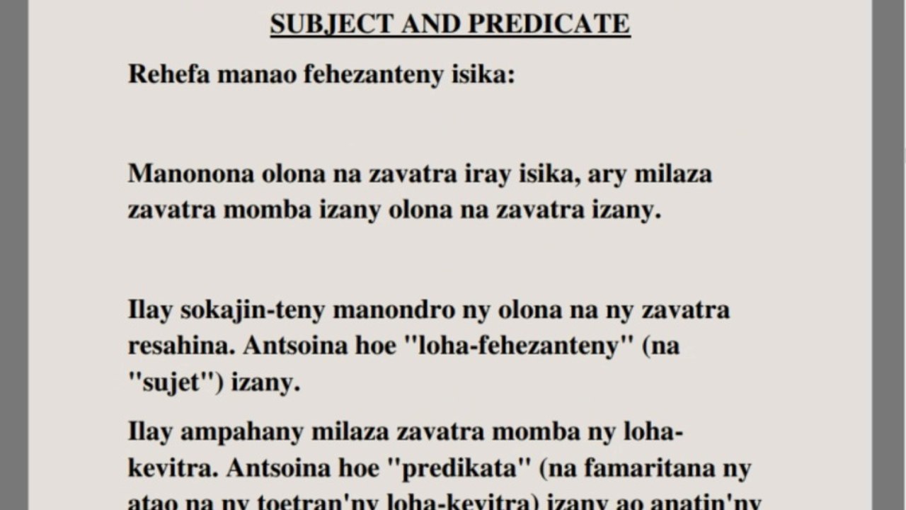 Mianatra Teny Anglisy Amin'ny Teny Malagasy(Ianaro ny momba ny loha-fehezanteny, ny famaritana (predicate), ny fehezankevitra ary ny andian-teny amin'ny tenin-dreninao