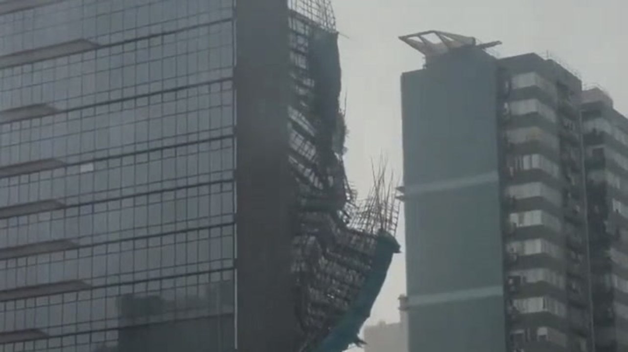 Scaffolding collapses from high-rise building as Typhoon Noul looms over Hong Kong