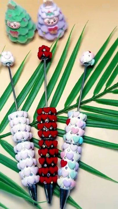 Beadable Clay Pens with Plump Hearts and Rhinestones, Neon, Multi-Color