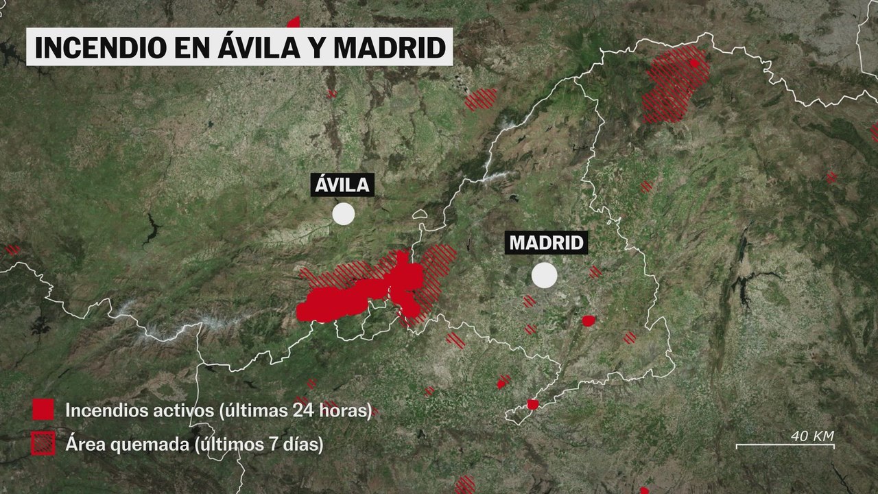 La representación gráfica del territorio afectado por el incendio en Ávila y Madrid