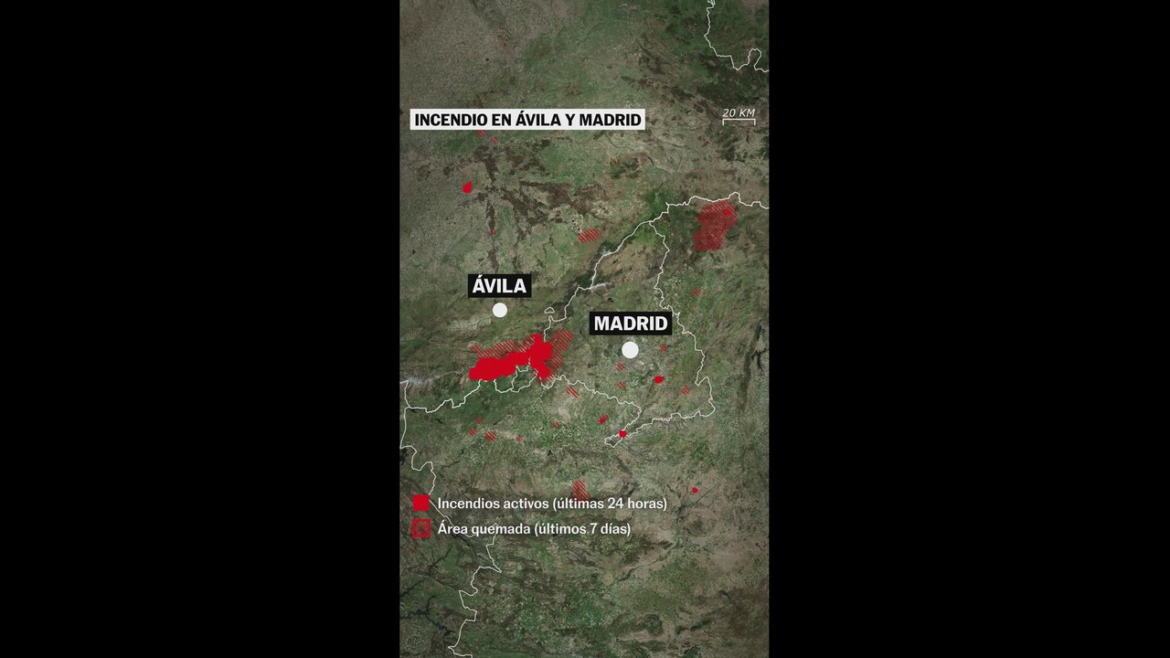 La representación gráfica del territorio afectado por el incendio en Ávila y Madrid