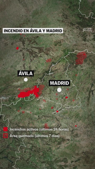 La representación gráfica del territorio afectado por el incendio en Ávila y Madrid