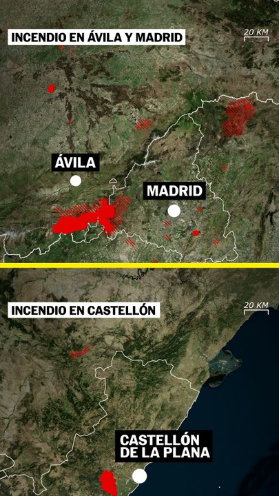 La representación gráfica del territorio afectado por el fuego en Ávila, Madrid y Castellón
