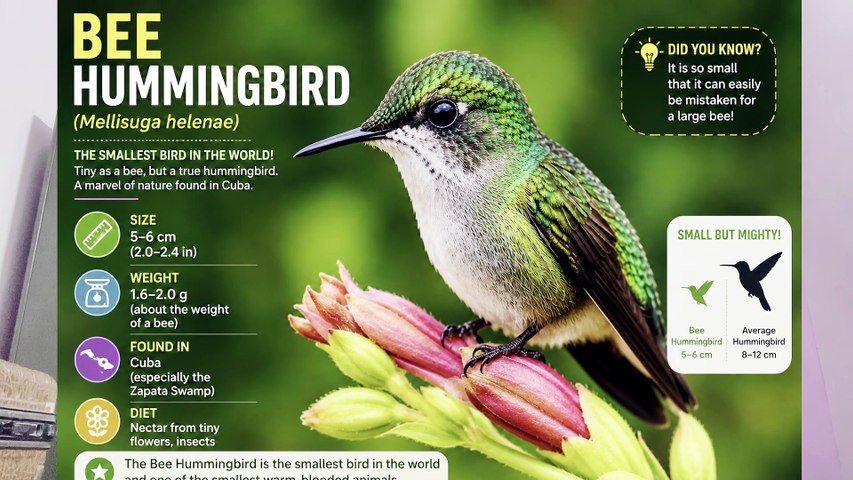 About bee humming bird, its origin, food, etc