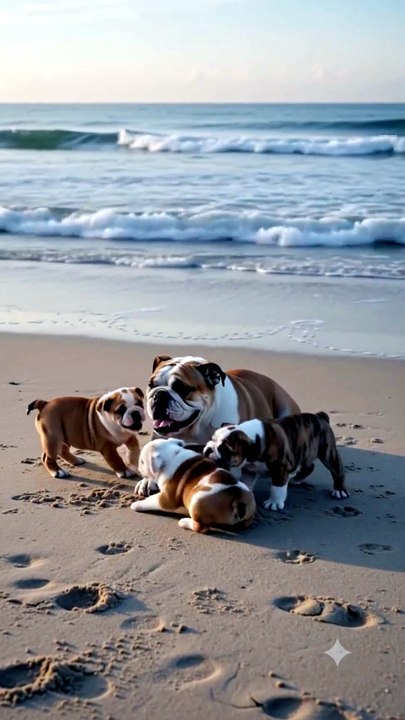 Bulldog with four cute puppies playing At Beach