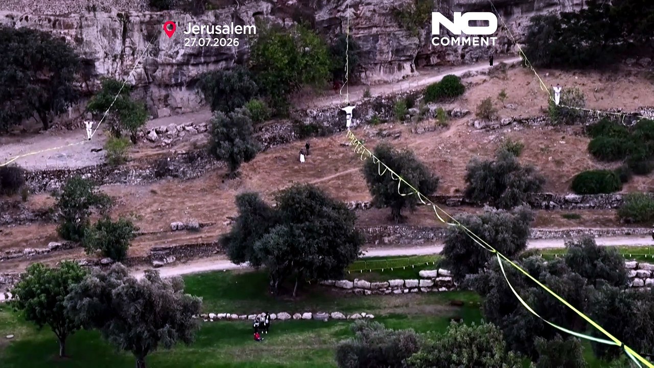 High-wire artists walk cables across Jerusalem's Hinnom Valley