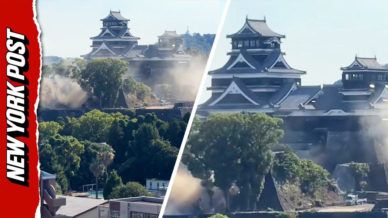 Huge dust clouds rise from under Japan's Kumamoto Castle after 7.1 earthquake