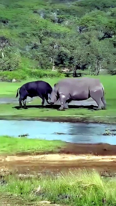 Breathtaking Safari Footage Of A Rhinoceros Overpowering A Wild Buffalo In A Head To Head Battle