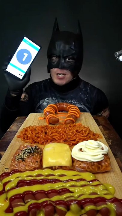 Batman Extreme ASMR Mukbang: Spicy Noodles, Sausages & Bite Challenge