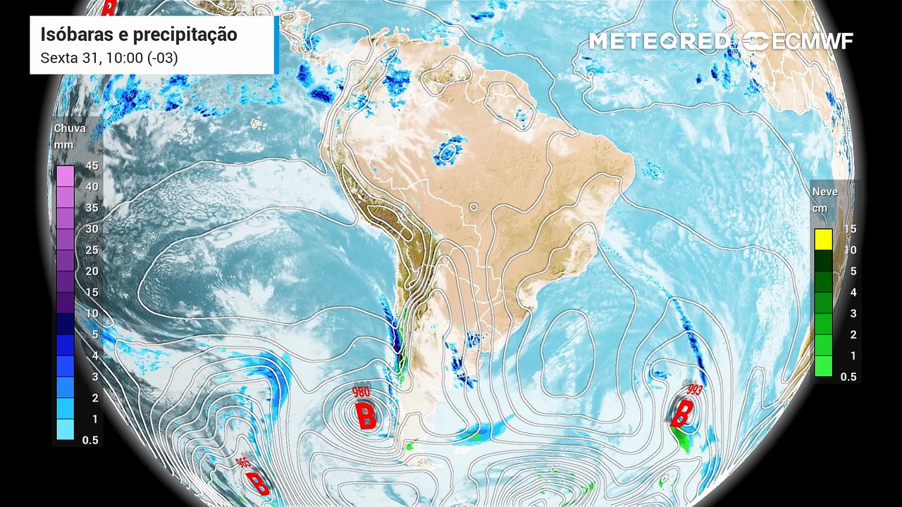 Sexta-feira, 31 de julho: Previsão de precipitação e isóbaras (linhas de pressão)