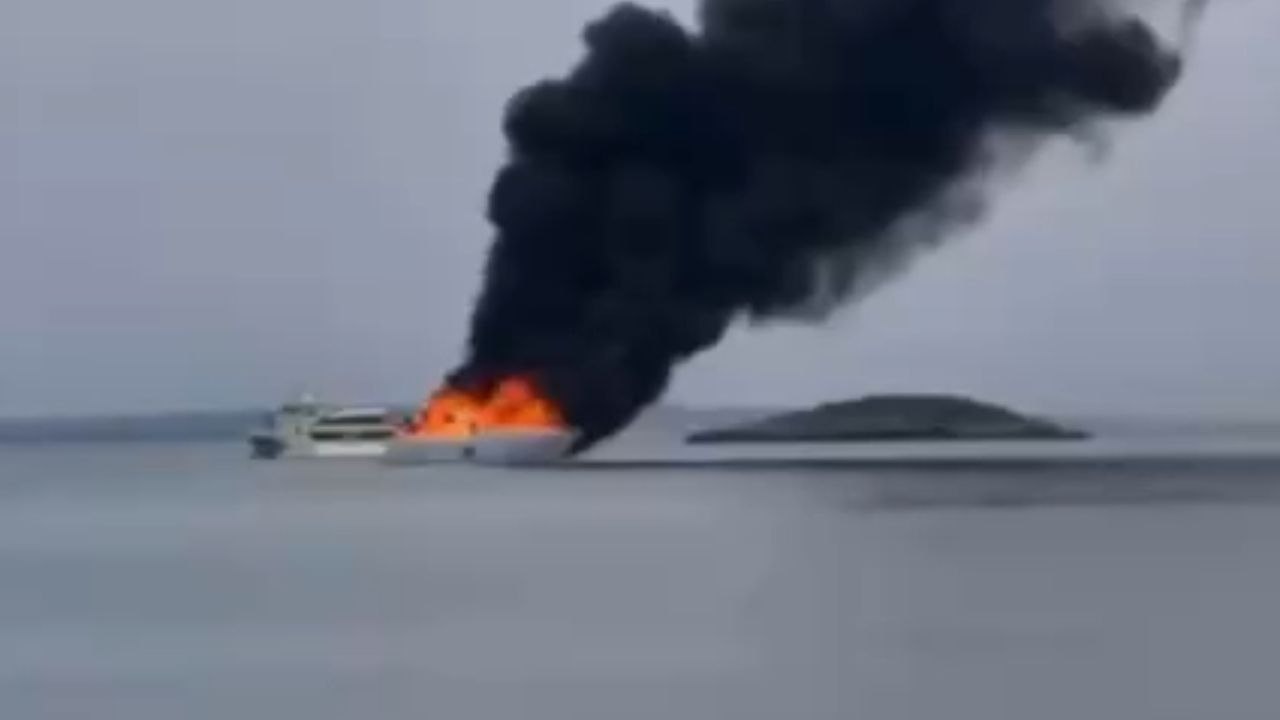 Flames And Thick Smoke Rise From Yacht  In Ibiza