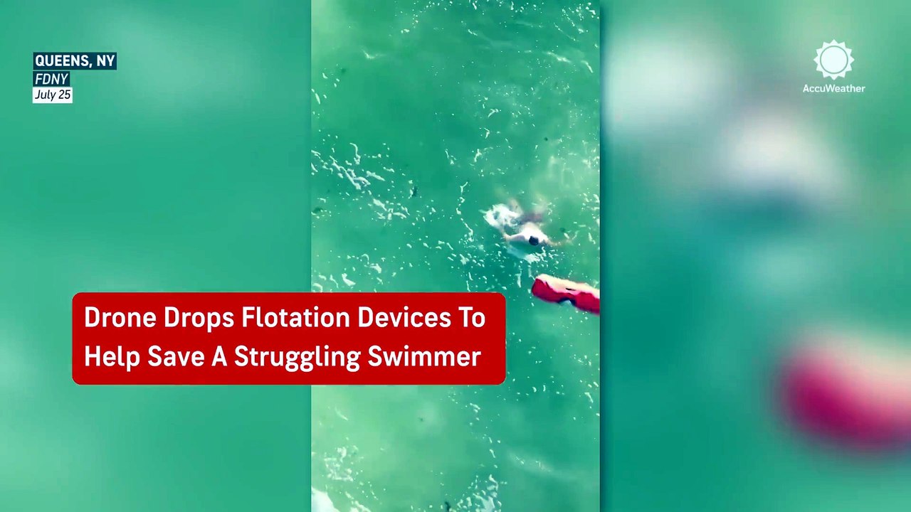 Drone drops flotation devices to struggling swimmer