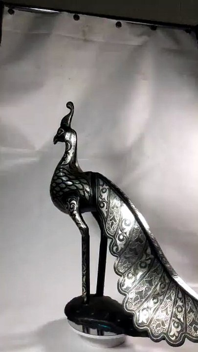 Handmade Silver Damascene Bird Statue – Luxury Artisan Home Decor – Large Peacock Art - One of a Kind Moroccan Metal Peacock Sculpture4
