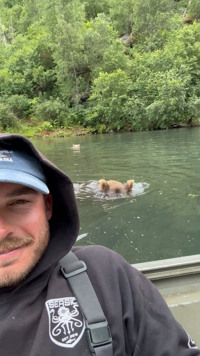 Wild video shows grizzly bear snag salmon inches from boater