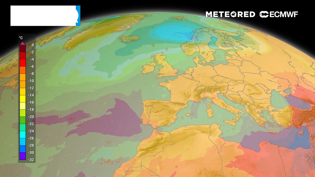 I modelli matematici come ECMWF indicano ancora con incertezza la possibile fine dell'ondata di caldo che sta interessando l'Europa e l'Italia. Nella carta le temperature a circa 5500 m di quota. ECMWF e MeteoRed.