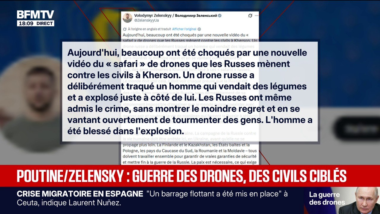 Ukrainien pourchassé par un drone russe: Volodymyr Zelensky dénonce un "safari" humain