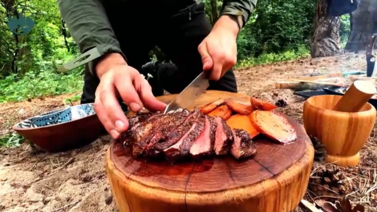 Creamy Garlic Butter Steak & Crispy Sweet Potatoes | Outdoor Riverside Cooking ASMR