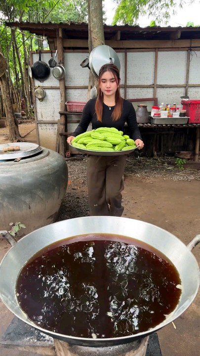 Cooking yummy deep fried bitter fruit curry recipe