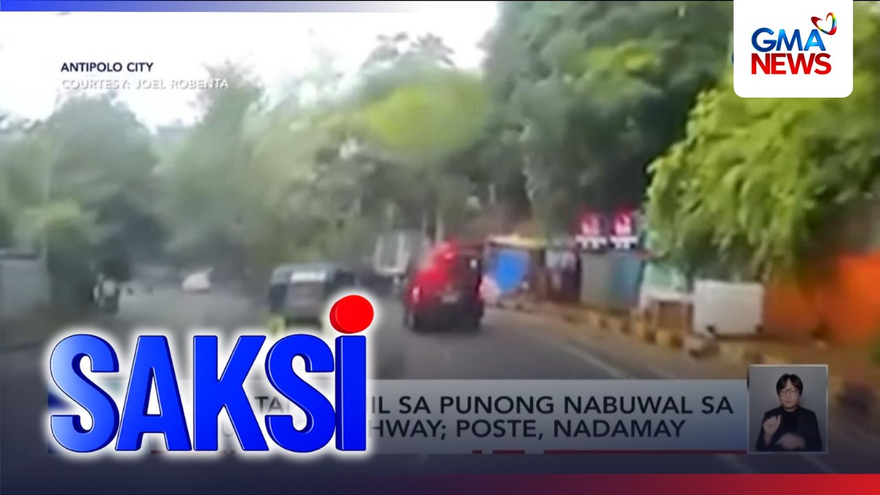 2 sugatan dahil sa punong nabuwal sa sumulong highway; poste, nadamay | Saksi