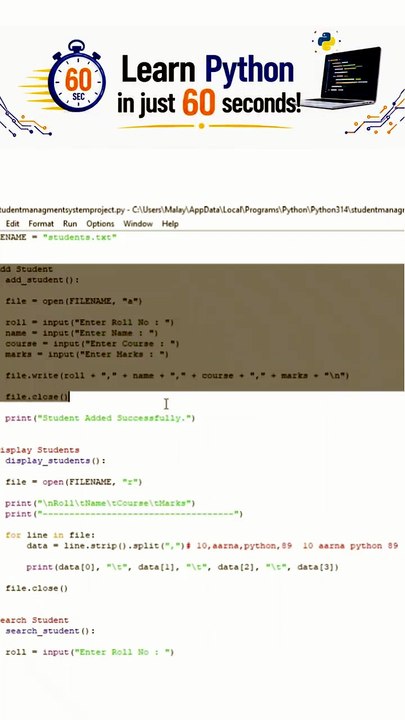 Learn Python in just 60 seconds!! - Student Management System Project