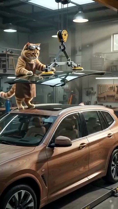 Fluffy Cat Installs a Car Windshield Like a Pro! 😺🚗