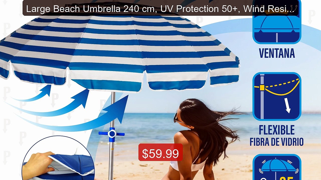 Large Beach Umbrella 240 cm, UV Protection 50+,...