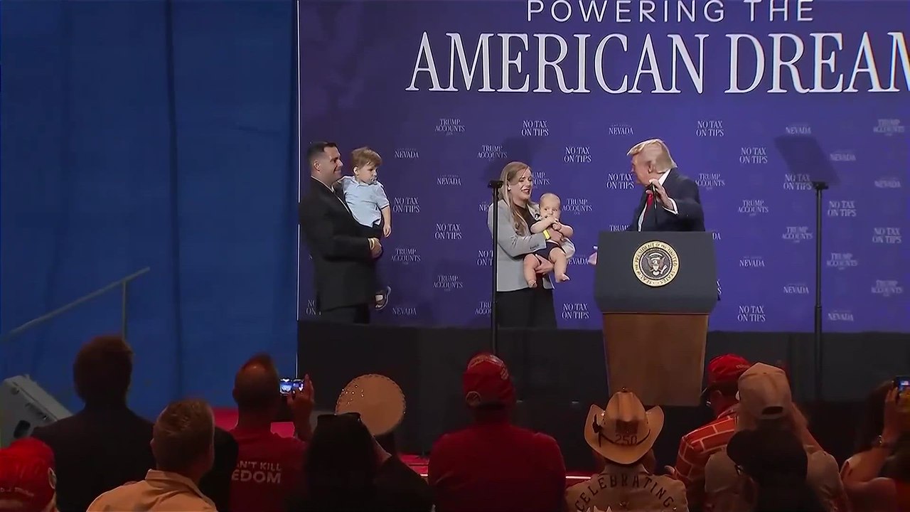 TRUMP catches a child before he runs off stage and jokes about BIDEN