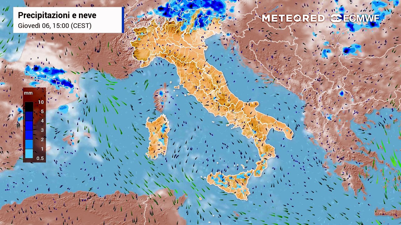 Per venerdì 7 agosto, un parziale cedimento dell'anticiclone porterà dei temporali al Nord, specie sulle Alpi, con possibili sconfinamenti su parte delle pianure.