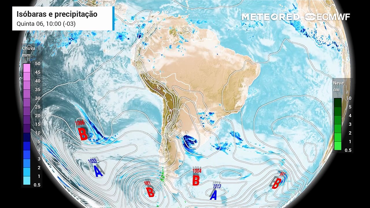 Quinta-feira, 6 de agosto: Previsão de precipitação com linhas de pressão (isóbaras)