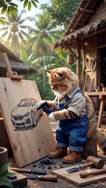 Fluffy Orange Cat Builds & Paints a Wooden BMW Car | Satisfying Woodworking Conversation Opener 💬