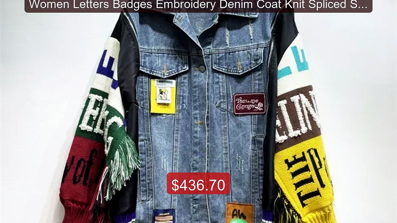 Women Letters Badges Embroidery Denim Coat Knit Spliced Sleeve... -- Hot Deal 2026 | Limited Offer!