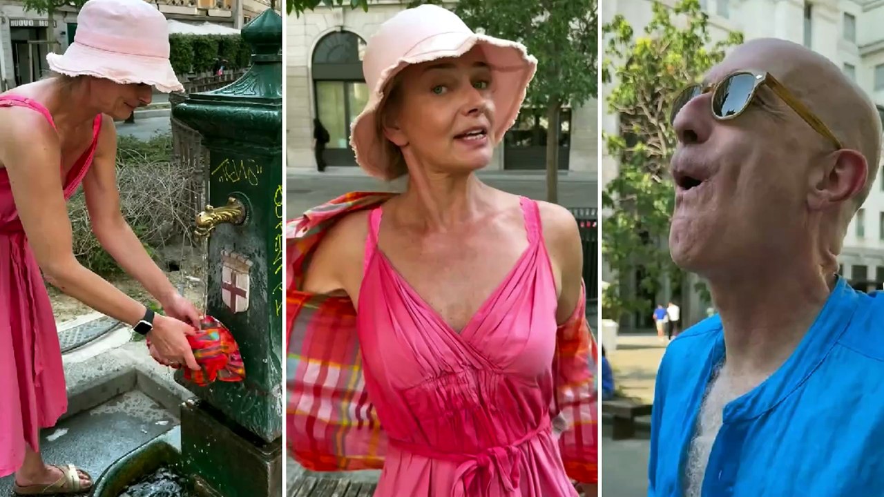Paulina Porizkova contro il caldo a Milano: il trucco alla fontanella tra ironia e stile