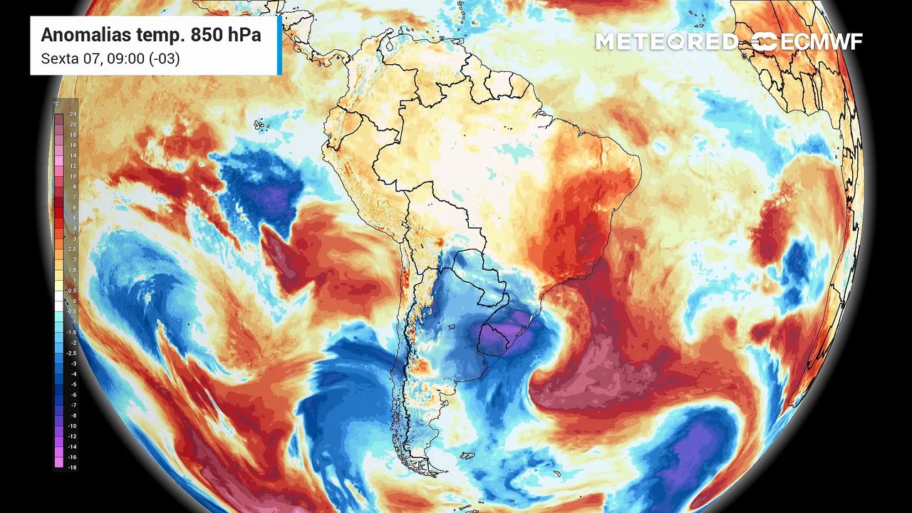 Sexta-feira, 7 de agosto: Previsão de anomalias de temperatura do ar em 850hPa