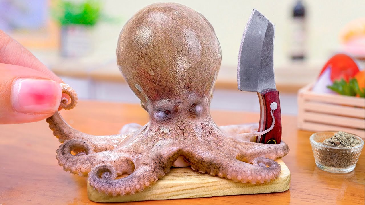 Yummy Miniature Spicy Octopus Recipe Idea - Cooking Korean Style Octopus in Miniature Kitchen - ASMR