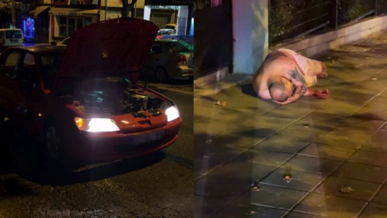 Arızalanan otomobilini yol ortasında bırakan alkollü sürücü, kaldırımda uyudu