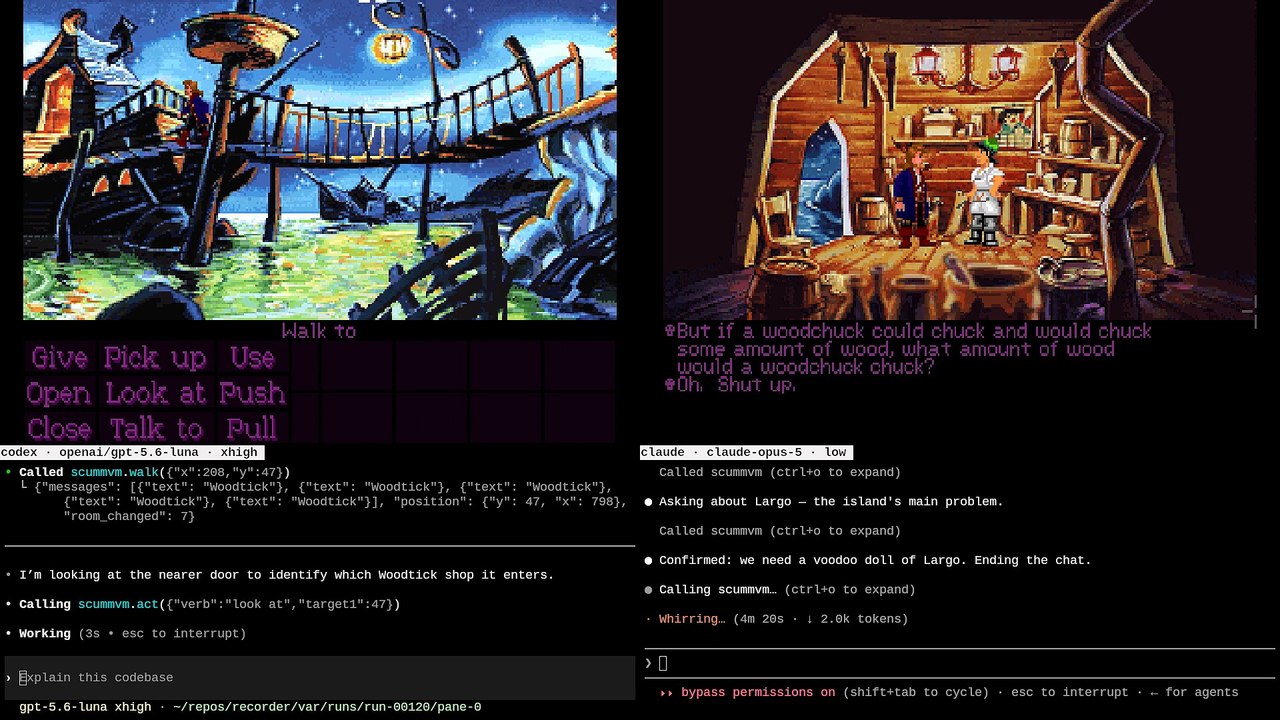 GPT-5.6 Luna (xhigh) vs Claude Opus 5 (low) on Monkey Island 2