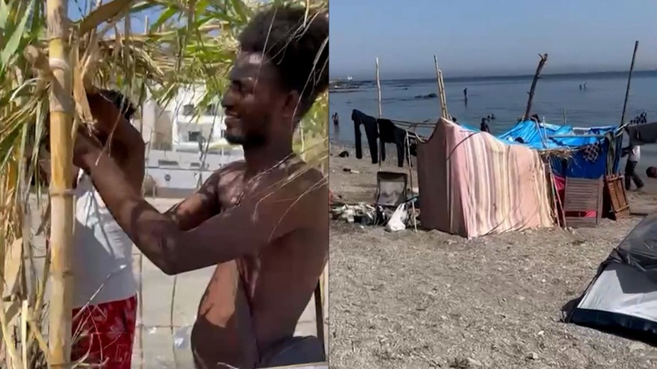 Inmigrantes construyen chabolas en la playa de Ceuta