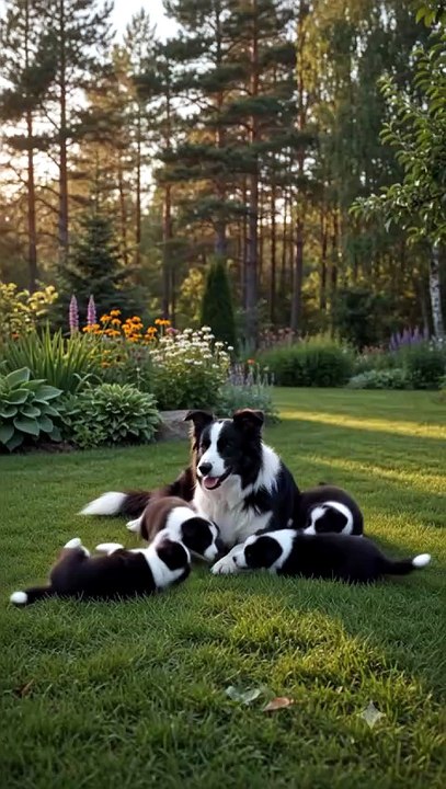 Dog Border Collie Mother With Cute Puppies Having Fun ❤️