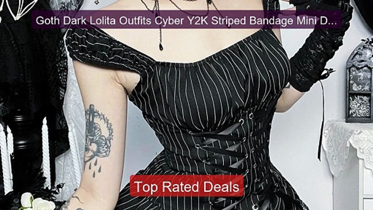 Goth Dark Lolita Outfits Cyber Y2K Striped Band...