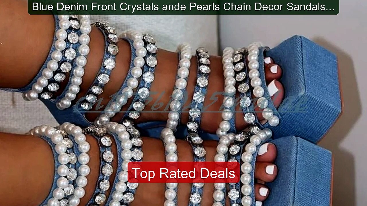 Blue Denim Front Crystals ande Pearls Chain Dec...