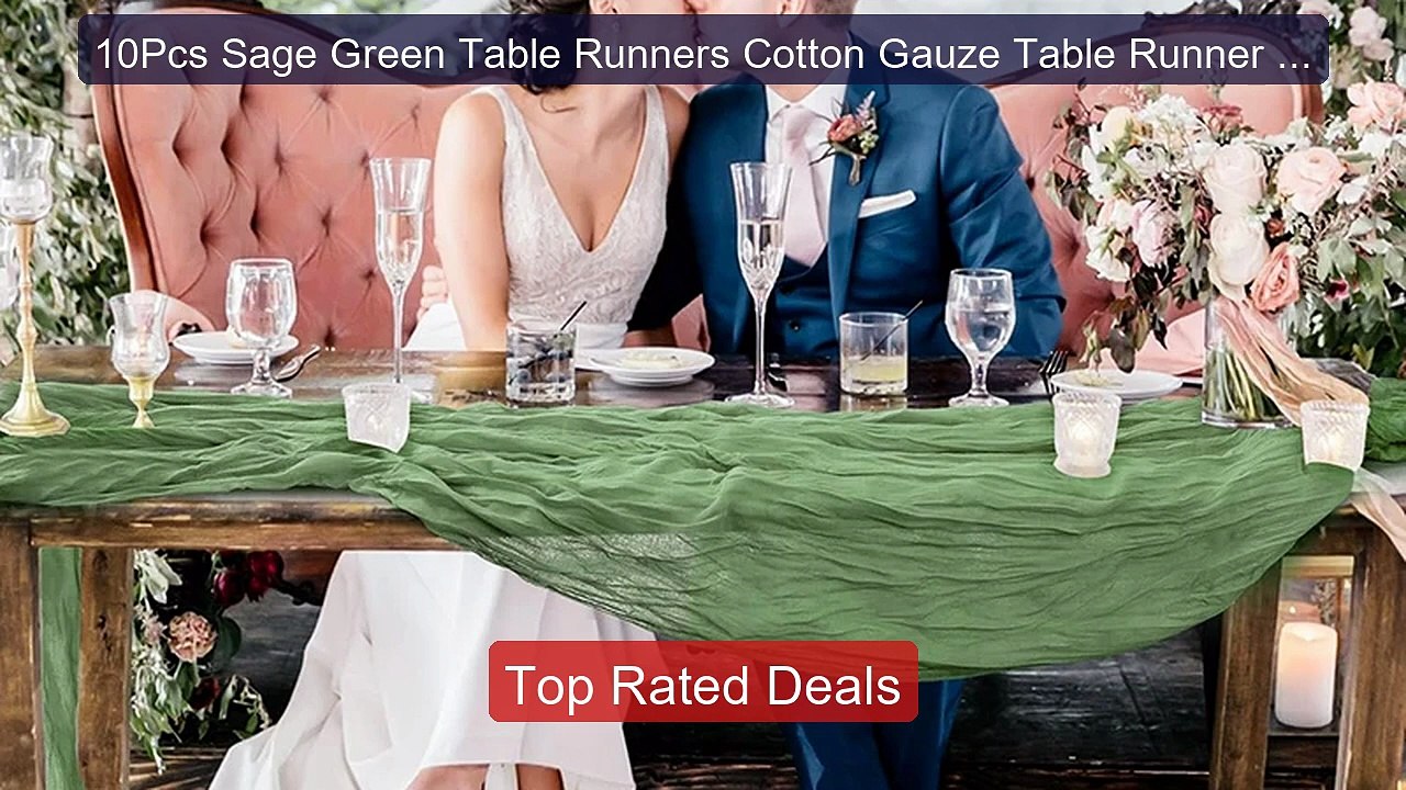 10Pcs Sage Green Table Runners Cotton Gauze Tab...
