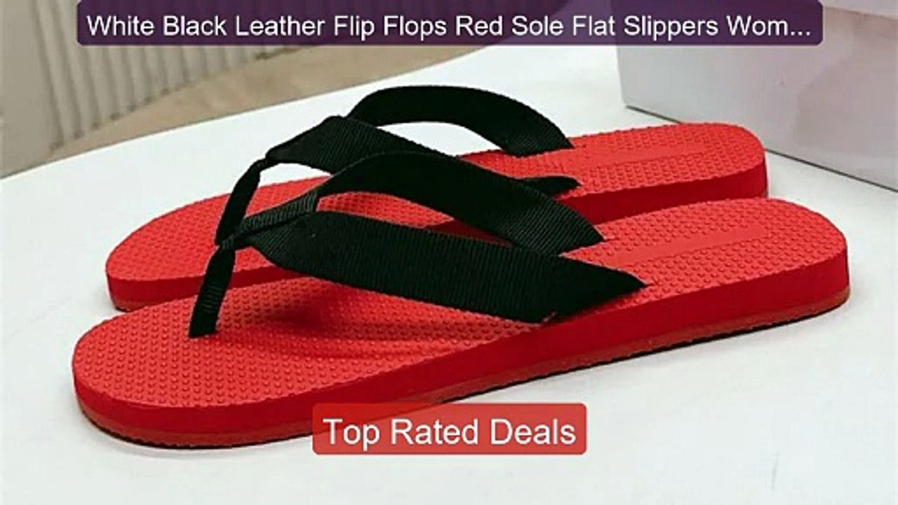 White Black Leather Flip Flops Red Sole Flat Sl...