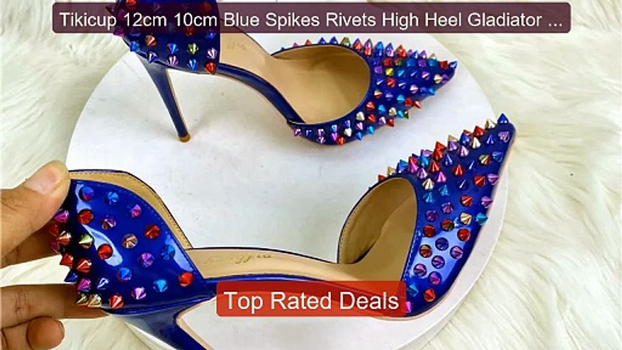 Tikicup 12cm 10cm Blue Spikes Rivets High Heel Gladiator Sandals Su ...