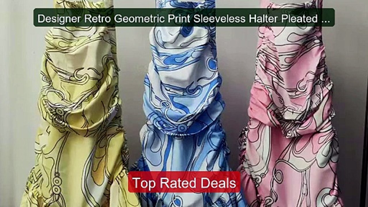 Designer Retro Geometric Print Sleeveless Halter Pleated Waist... -- Hot Deal 2026 | Limited Offer!