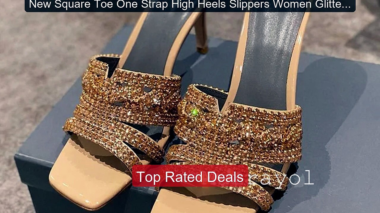 New Square Toe One Strap High Heels Slippers Women Glitter Rhi... -- Best Buy 2026 | Great Quality!
