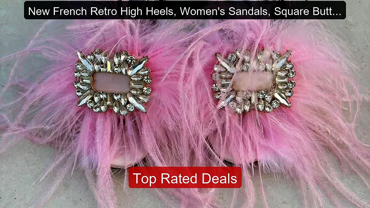 New French Retro High Heels, Women's Sandals, Square Button Feathe... -- Best Deal 2026 | Shop Now!