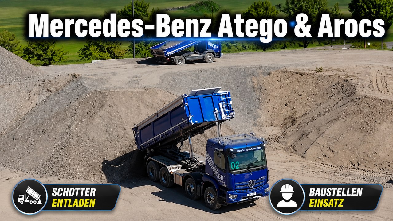 Mercedes-Benz Atego und Arocs Kipper bei der Arbeit im Gelände